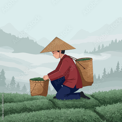 Asian tea picker in traditional conical hat harvesting leaves in misty mountainous landscape flat design vector illustration