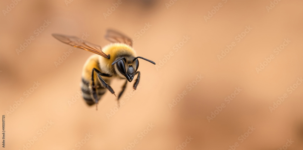 close-up of a flying bee on a neutral beige background with copy space