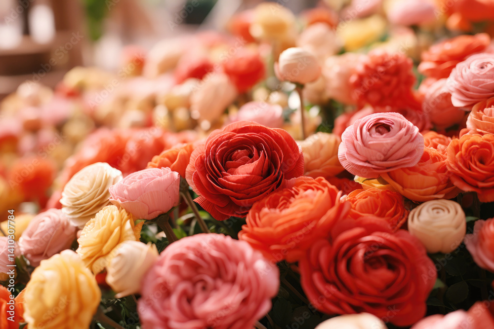Close up of blooming ranunculus flowers in pastel and coral shades, soft focus background
