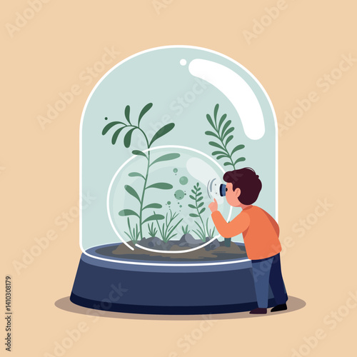 Curious child observing green plants inside transparent glass terrarium in minimal flat design vector illustration