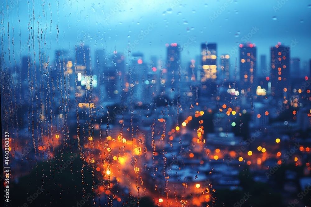 Obraz premium Rainy city lights through window