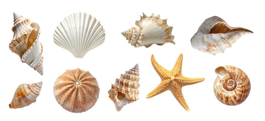 Collection set of beach seashells, photo of assorted sea shells isolated on white or transparent background, png cut out