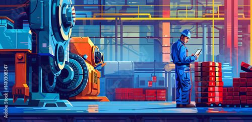 An engineer in blue overalls and a helmet is using an iPad to monitor the performance of a steel press machine at his factory, which creates red products on pallets nearby. 