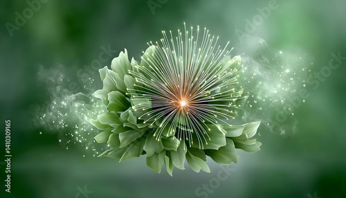 Glowing green floral abstract artwork with radiating light and soft smoke