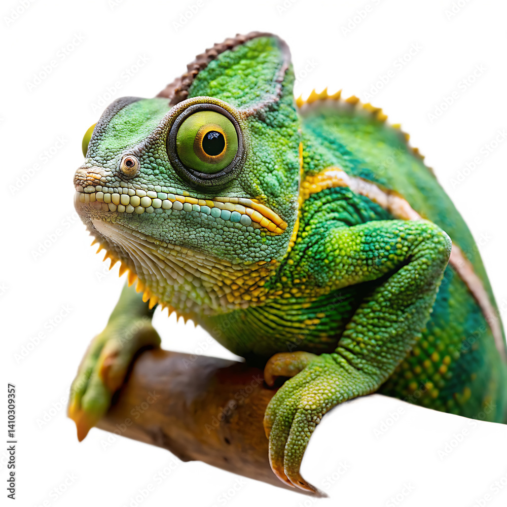 Obraz premium chameleon portrait on a branch isolated on white background PNG. GENERATIVE AI