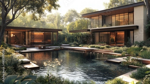 Modern house with large windows overlooking a pond surrounded by lush greenery.