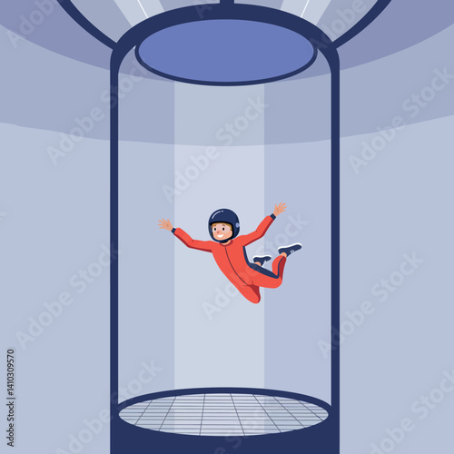 Person wearing red jumpsuit and helmet indoor skydiving in vertical wind tunnel flat design vector illustration