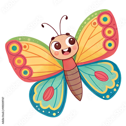 Colorful cartoon butterfly smiling with vibrant wings  