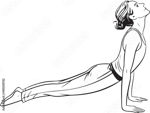 Yoga and Cobra pose (Bhujangasana) Black and White Vector Illustration, Sketch Drawing Line Linear Symbol Icon Engraving, Hand-drawn Isolated