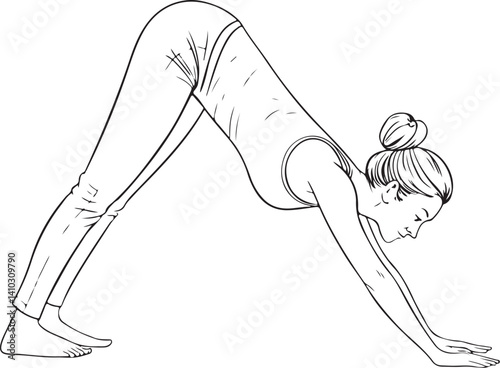Yoga and Downward dog (Adho Mukha Svanasana) Black and White Vector Illustration, Sketch Drawing Line Linear Symbol Icon Engraving, Hand-drawn Isolated