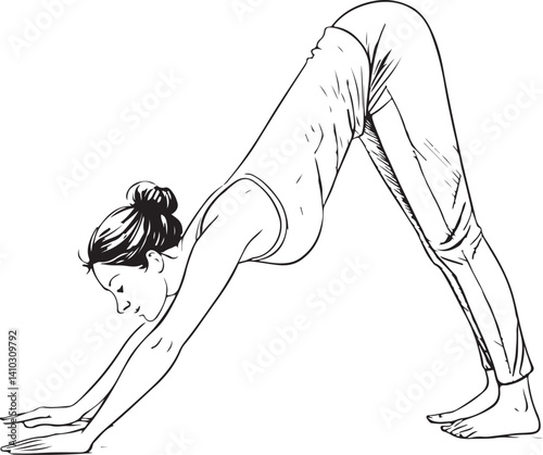 Yoga and Downward dog (Adho Mukha Svanasana) Black and White Vector Illustration, Sketch Drawing Line Linear Symbol Icon Engraving, Hand-drawn Isolated