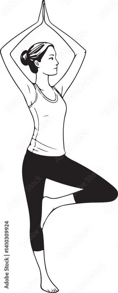Yoga and Tree pose (Vrksasana) Black and White Vector Illustration, Sketch Drawing Line Linear Symbol Icon Engraving, Hand-drawn Isolated Yoga and Tree pose (Vrksasana) Black and White Vector Illustration, Sketch Drawing Line Linear Symbol Icon Engraving, Hand-drawn Isolated