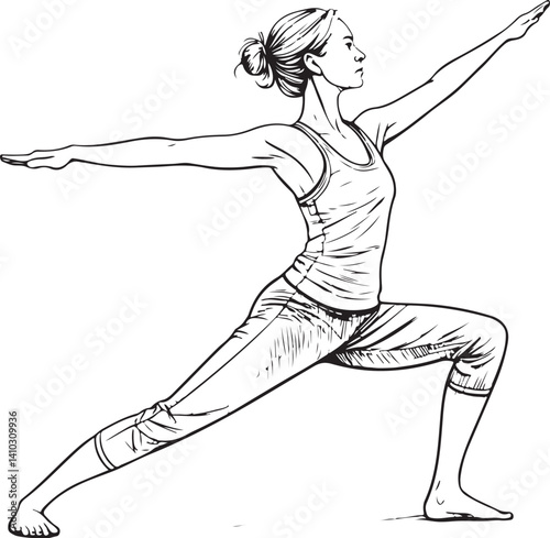 Yoga Warrior pose (Virabhadrasana), Yogi Black and White Vector Illustration, Sketch Drawing Line Linear Symbol Icon Engraving, Hand-drawn Isolated