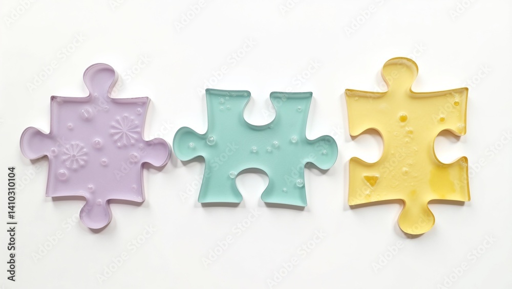 Fototapeta premium Three colorful translucent puzzle pieces perfect for illustrating teamwork, problem solving, collaboration, and diversity concepts in designs. Great for presentations.