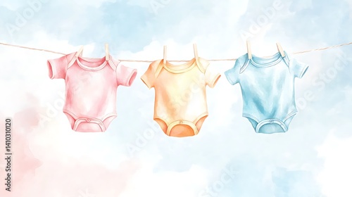 Baby clothes hanging on a line against a serene, watercolor background.