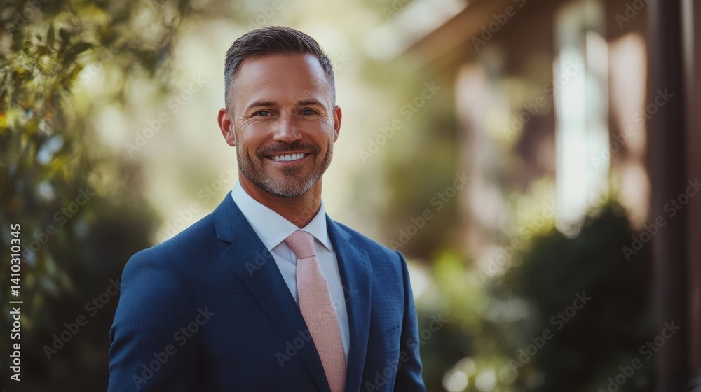 Confident Smiling Man in Suit Standing Outdoors with Natural Background Confident Smiling Man in Suit Standing Outdoors with Natural Background