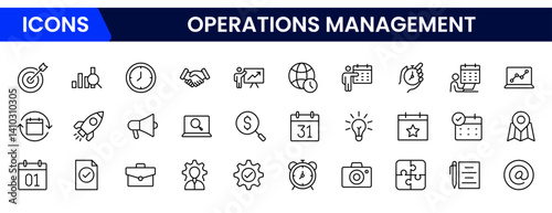 Operations management icon set. Containing production, logistics, supply chain, manufacturing, planning, inventory management, strategy, customer satisfaction and cost icons