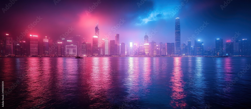 Hong Kong Skyline at Night, Neon Colors, Cityscape Reflection Hong Kong Skyline at Night, Neon Colors, Cityscape Reflection