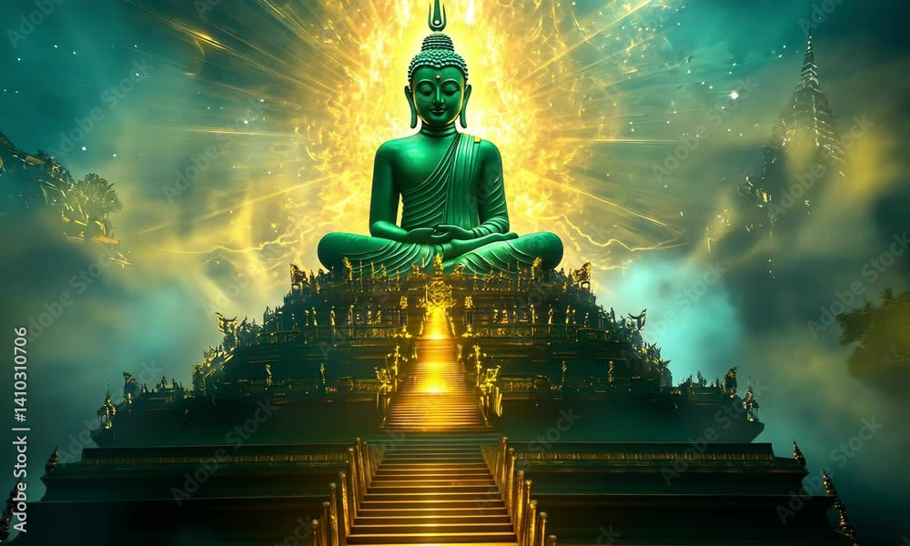 A vibrant emerald green Buddha statue under a radiant golden pagoda