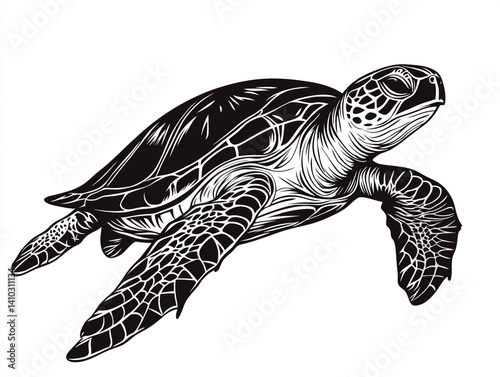 Vector Woodcut-Style Illustration of a Sea Turtle Swimming