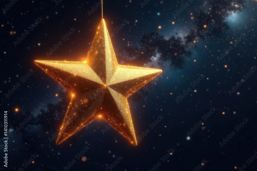 Shining gold star suspended in space on dark canvas background, wall art, stars