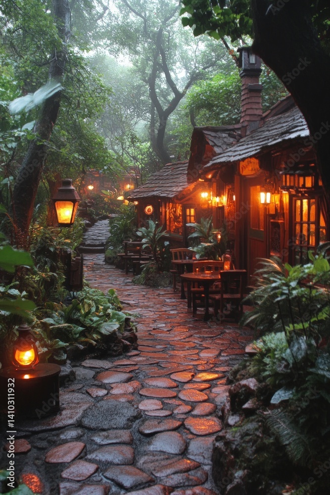 Stone path leads to a building with warm lights surrounded by lush greenery. Stone path leads to a building with warm lights surrounded by lush greenery.