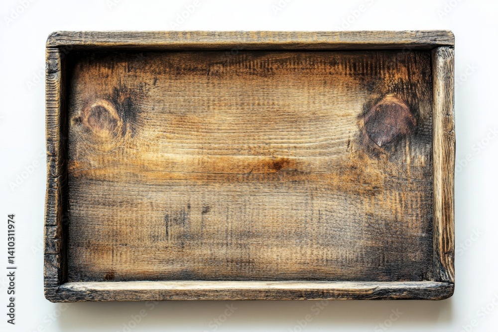 Obraz premium Rustic wooden tray. Empty rectangular wooden tray with a worn, weathered appearance. Perfect for displaying food or other items