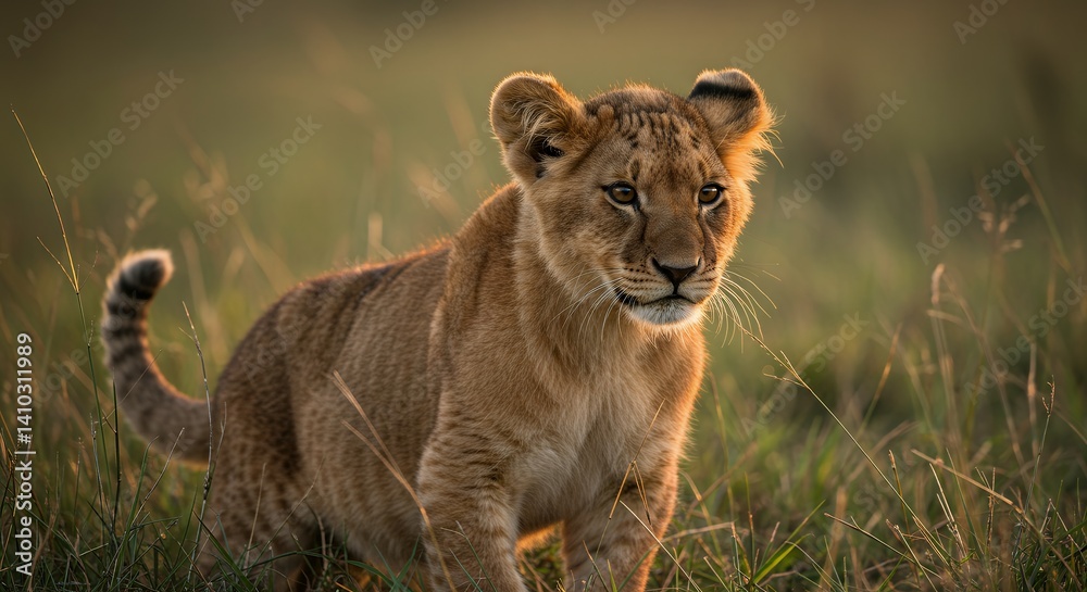 Fototapeta premium Lion Cub Exploring Grassy Field at Golden Hour