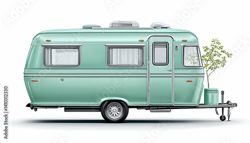 Mint green vintage caravan trailer isolated on white background, showcasing a small potted plant