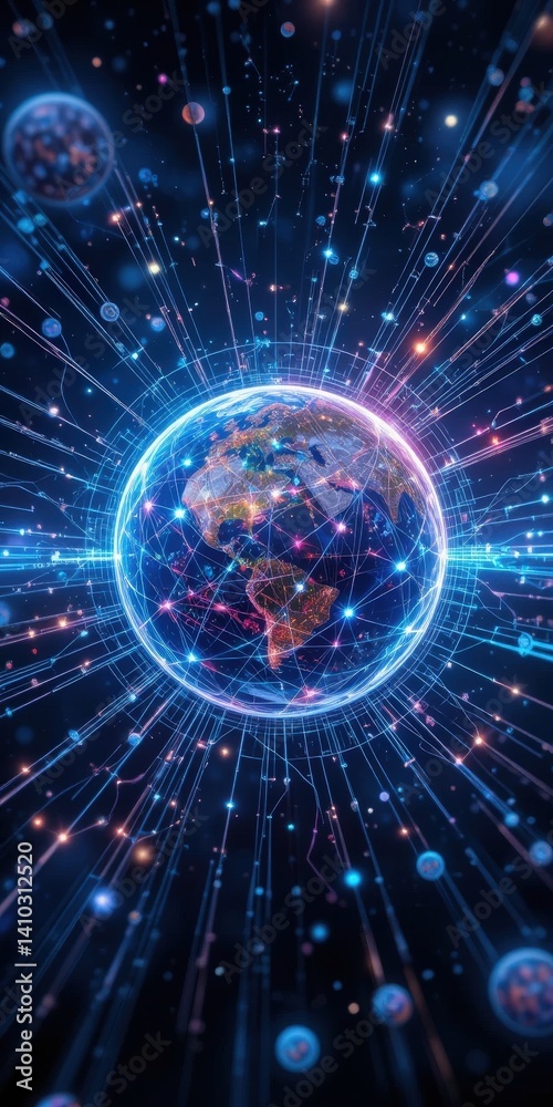 Fototapeta premium A vibrant blue Earth is depicted at the center, surrounded by shimmering stars and glowing lines that create a dynamic network, symbolizing connectivity and the vastness of space.