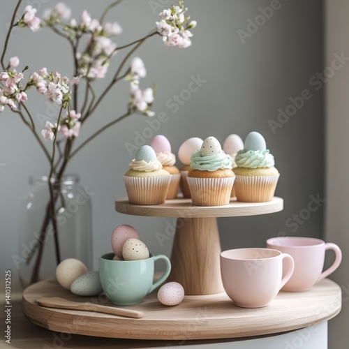 Wallpaper Mural Cupcakes decorated with pastel eggs on a wooden stand with flowers and colorful cups in a spring setting Torontodigital.ca