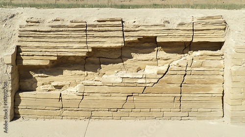Fragmented historical wall exhibiting weathering and stratification layers