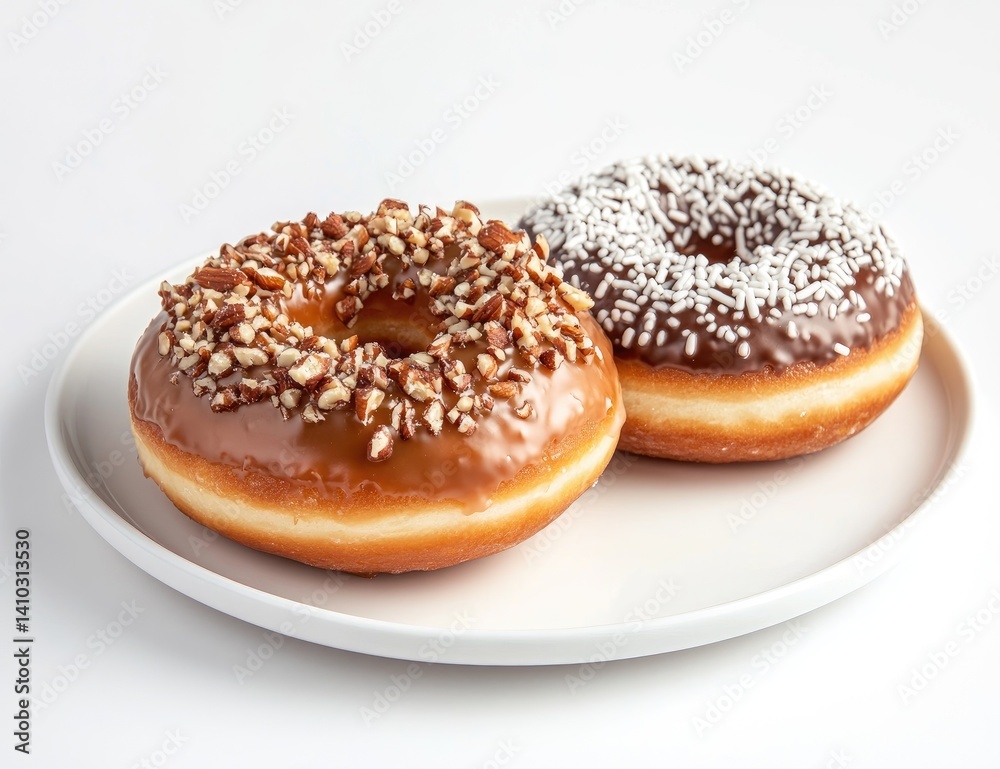 Two delicious donuts; one pecan-topped caramel, the other chocolate with sprinkles Two delicious donuts; one pecan-topped caramel, the other chocolate with sprinkles