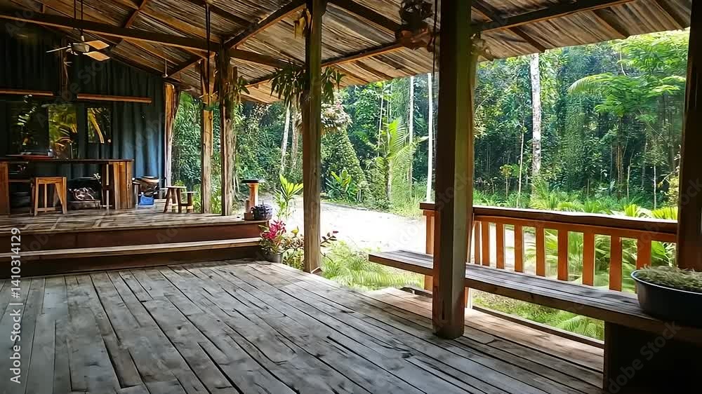 Cozy wooden porch overlooking lush forest, with rustic furniture and natural decor Cozy wooden porch overlooking lush forest, with rustic furniture and natural decor
