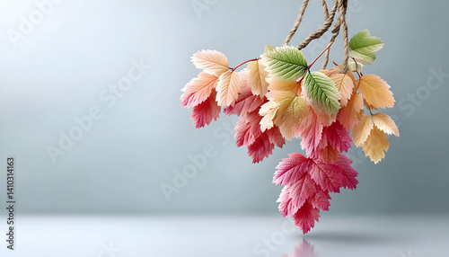 Pastel-colored leaves on a branch against a light grey background