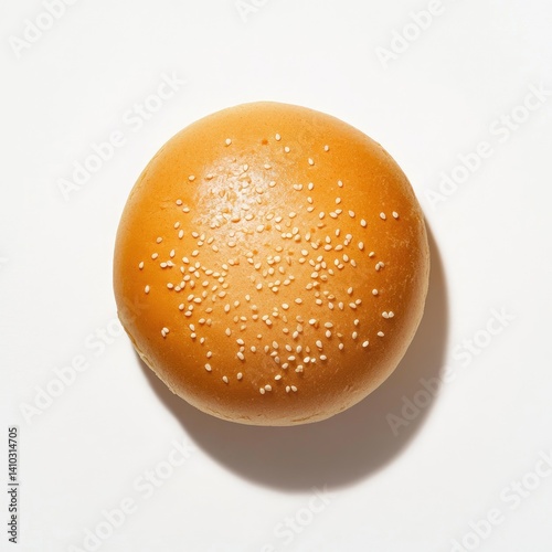Sesame-seeded bun, golden-brown, perfectly round