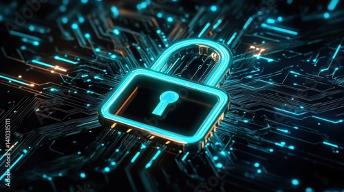 Digital Lock Symbole on Circuit Board Background in Blue and Orange