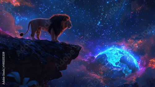 Majestic Lion Overlooking a Vibrant Planet in Cosmic Landscape