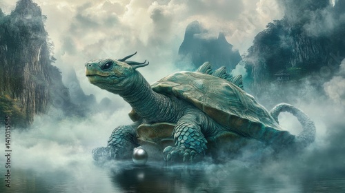 Majestic Fantasy Turtle Creature in Misty Enchanted Landscape