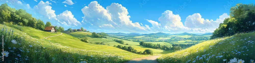Serene countryside landscape with rolling hills and vibrant sky Serene countryside landscape with rolling hills and vibrant sky