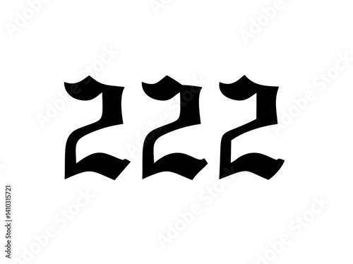 Vector isolated 222 angel number gothic font stencil shape contour colorless black and white outline silhouette shadow shape stencil solid black