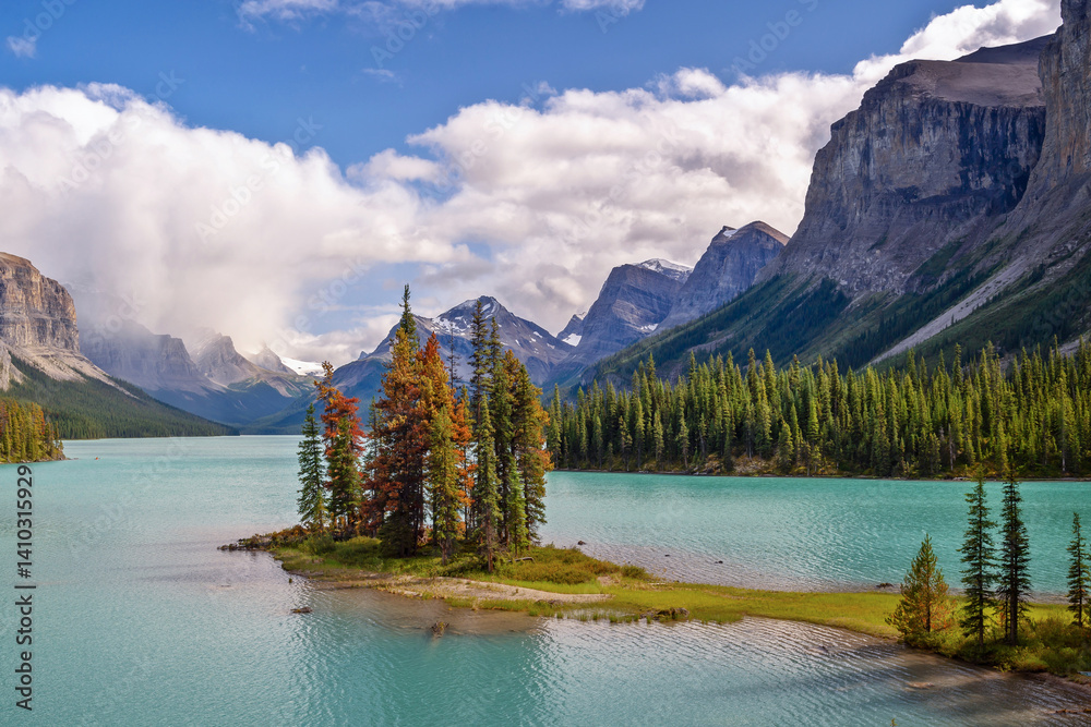 View of Spirit island in Maligne lake, Jasper National Park, Alberta, Rocky Mountains, Canada