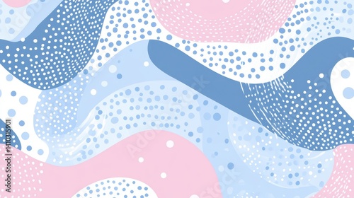 A seamless pattern of abstract shapes in blue, pink, and white.