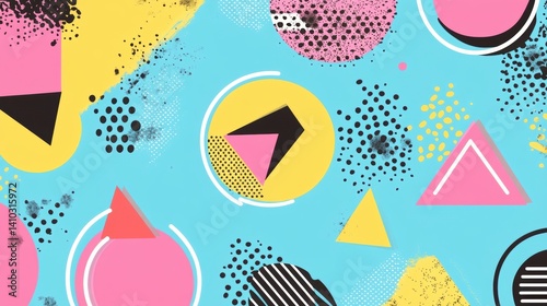 A vibrant abstract pattern of geometric shapes and lines in various colors and textures.