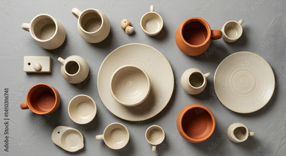 Elegant Pottery Composition Displaying Various Ceramic Plates Bowls Cups on Neutral Background Elegant Pottery Composition Displaying Various Ceramic Plates Bowls Cups on Neutral Background