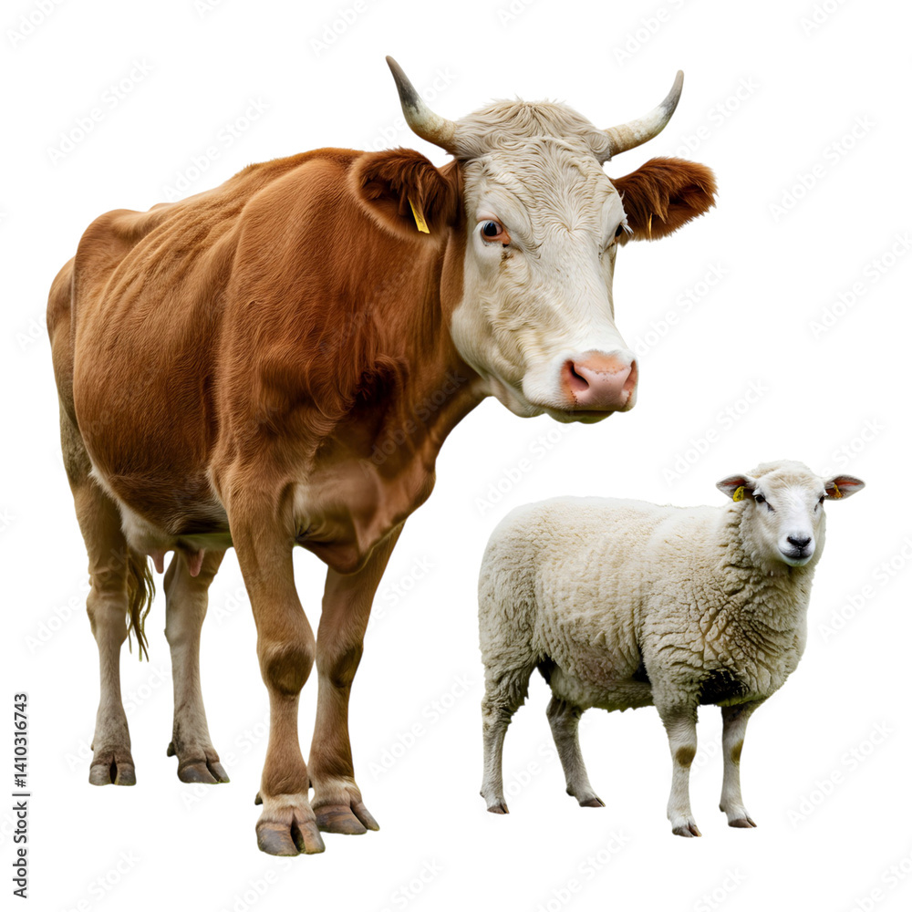Brown cow standing beside a white sheep in profile view. Brown cow standing beside a white sheep in profile view.