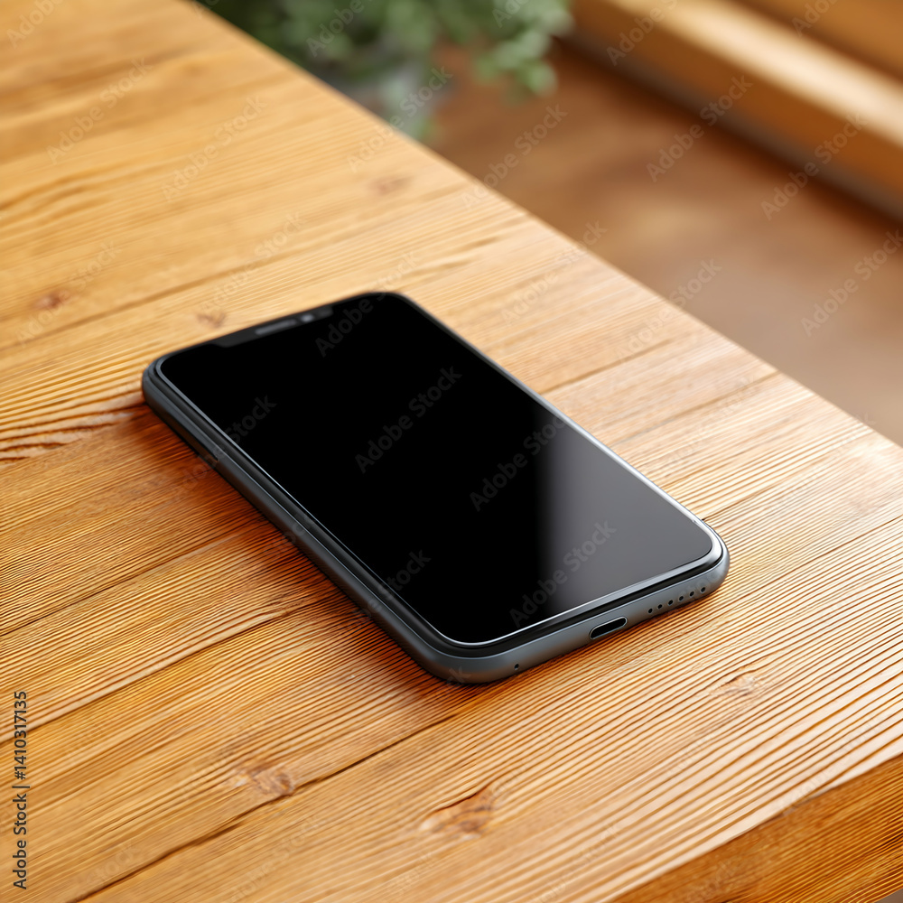 Smartphone with blank screen rests on wooden table Smartphone with blank screen rests on wooden table