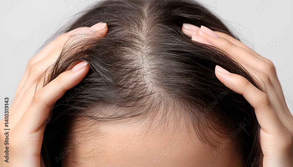 Naklejka premium Hair loss. Female hands with shreds of hair close-up
