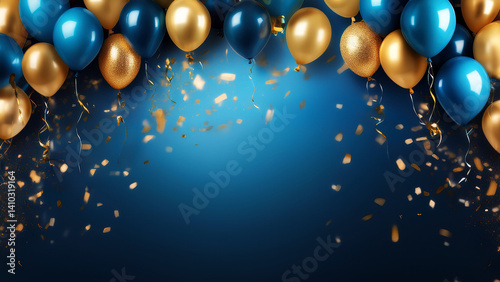 Sparkling Blue and Gold Balloons with confetti - Celebration Party Background