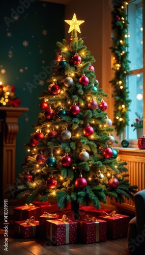Christmas tree surrounded by colorful ornaments and garlands, with twinkling lights and a warm glow, living room, winter